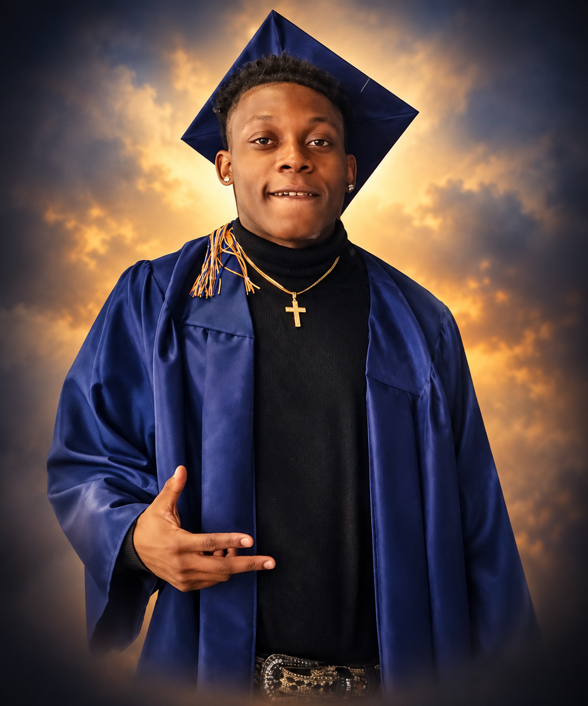 Teryus Rajova Nyshawn Thomas in his navy blue graduation cap and gown with a gold tassel, wearing a gold cross necklace against a golden sky background